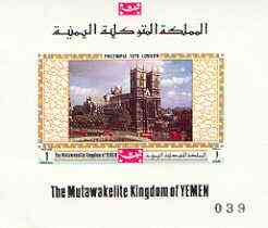 Yemen - Royalist 1970 'Philympia 70' Stamp Exhibition 1B Westminster Abbey imperf individual de-luxe sheet (as Mi 1028) unmounted mint, stamps on , stamps on  stamps on london, stamps on cathedrals, stamps on buses, stamps on tourism, stamps on stamp exhibitions    