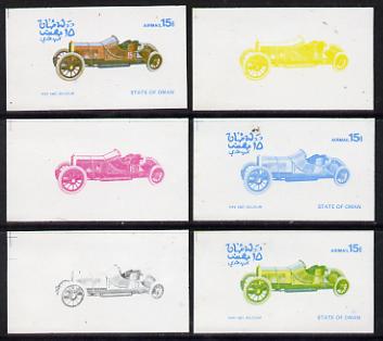 Oman 1976 Vintage Cars #1 15b (Pipe 1907) set of 6 imperf progressive colour proofs comprising the 4 individual colours plus 2 and all 4-colour composites unmounted mint, stamps on , stamps on  stamps on cars