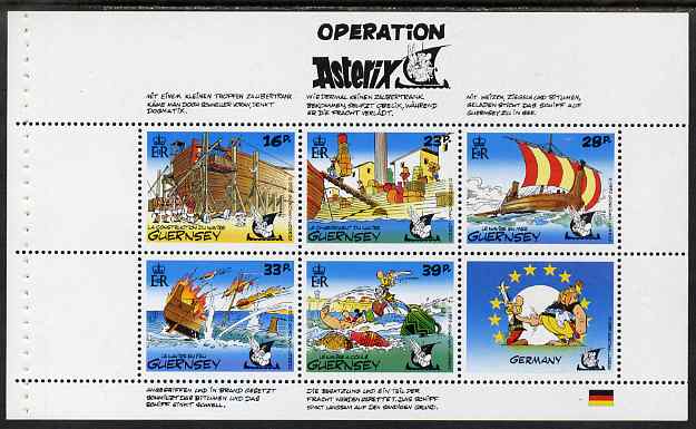 Guernsey 1992 Operation Asterix - excavation of Roman Ship booklet pane (German text) unmounted mint, SG 583a, stamps on , stamps on  stamps on ships, stamps on  stamps on cartoons, stamps on  stamps on ships, stamps on  stamps on 