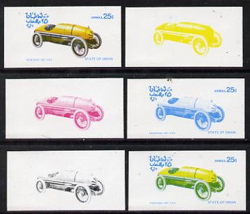 Oman 1976 Vintage Cars #1 25b (Frontenac 1921) set of 6 imperf progressive colour proofs comprising the 4 individual colours plus 2 and all 4-colour composites unmounted ..., stamps on cars