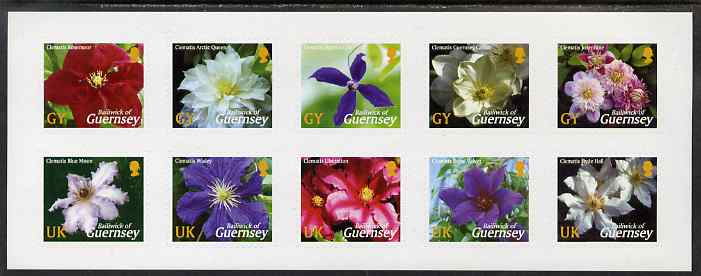 Guernsey 2004 Raymond Evison's Guernsey Clematis sheet of 10 self-adhesives unmounted mint, SG 1017a, stamps on flowers, stamps on clematis, stamps on self adhesive