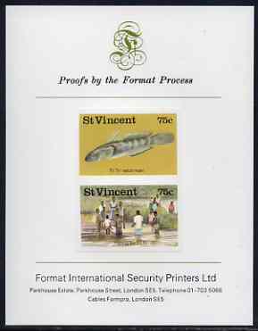 St Vincent 1986 Freshwater Fishing (Tri Tri) 75c imperf se-tenant proof pair mounted on Format International proof card, stamps on , stamps on  stamps on fish, stamps on fishing, stamps on marine life