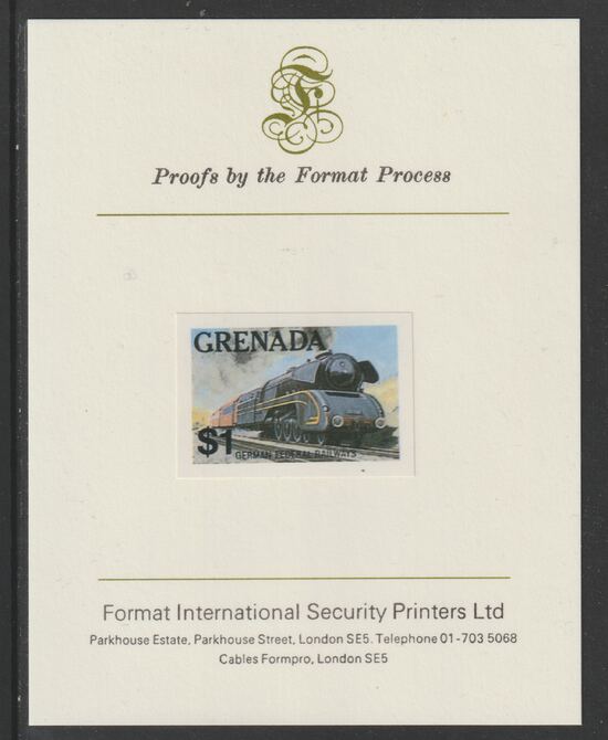 Grenada 1982 Famous Trains $1 German Federal Railway Steam Loco imperf proof mounted on Format International proof card as SG 1216, stamps on , stamps on  stamps on railways