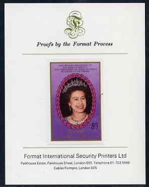 St Vincent - Bequia 1987 Ruby Wedding $5 (The Queen) imperf proof mounted on Format International proof card , stamps on , stamps on  stamps on royalty, stamps on ruby