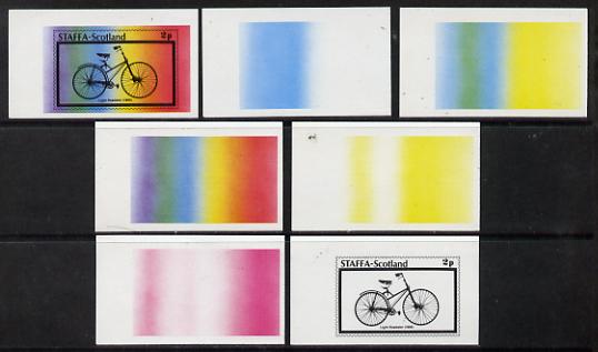 Staffa 1977 Bicycles 2p (Light Roadster 1889) set of 7 imperf progressive colour proofs comprising the 4 individual colours plus 2, 3 and all 4-colour composites unmounted mint, stamps on bicycles, stamps on transport
