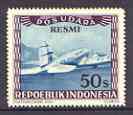 Indonesia 1948-49 perforated 50s produced by the Revolutionary Government in blue & purple showing twin-engined prop plane, opt'd 'RESMI' (prepared for Official use) without gum, stamps on aviation