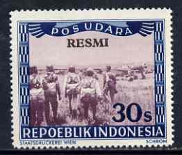 Indonesia 1948-49 perforated 30s produced by the Revolutionary Government in purple & blue showing air-crew approaching plane, opt'd 'RESMI' (prepared for Official use) without gum, stamps on aviation