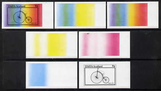 Staffa 1977 Bicycles 3p (Spider 1872) set of 7 imperf progressive colour proofs comprising the 4 individual colours plus 2, 3 and all 4-colour composites unmounted mint, stamps on bicycles, stamps on transport