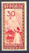 Indonesia 1948-49 perforated 30s produced by the Revolutionary Government in red-brown & brown showing plane over ship, prepared for postal use, without gum