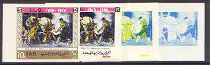 Yemen - Republic 1969 International Labour Organisation 10b Blacksmiths (Engraving) set of 4 imperf progressive proofs comprising single, 2, 4 and all 5-colour combinatio..., stamps on arts, stamps on labour, stamps on iron, stamps on steel, stamps on smiths, stamps on engravings, stamps on horses