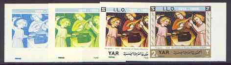 Yemen - Republic 1969 International Labour Organisation 2b Forgers (Miniature) set of 4 imperf progressive proofs comprising single, 2, 4 and all 5-colour combinations unmounted mint, stamps on , stamps on  stamps on arts, stamps on labour, stamps on iron, stamps on steel, stamps on smiths, stamps on music, stamps on lute