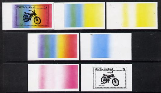 Staffa 1977 Bicycles 4p (Trainer 1972) set of 7 imperf progressive colour proofs comprising the 4 individual colours plus 2, 3 and all 4-colour composites unmounted mint, stamps on bicycles, stamps on transport