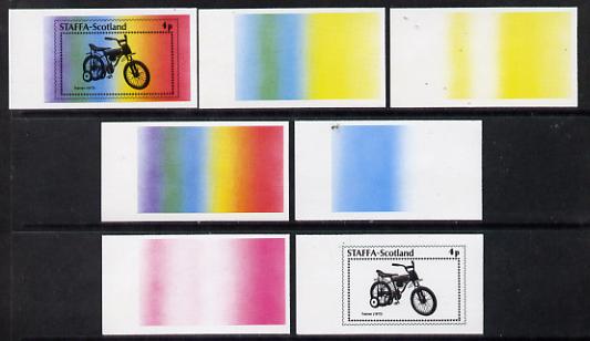 Staffa 1977 Bicycles 4p (Trainer 1972) set of 7 imperf progressive colour proofs comprising the 4 individual colours plus 2, 3 and all 4-colour composites unmounted mint, stamps on , stamps on  stamps on bicycles    transport