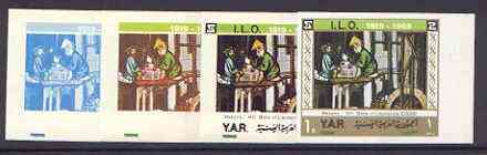 Yemen - Republic 1969 International Labour Organisation 1b Masons (from Litomerice Bible of 1411) set of 5 imperf progressive proofs comprising single, 2, 3, 4 and all 5-..., stamps on arts, stamps on labour, stamps on masonics, stamps on bibles, stamps on stone, stamps on masonry