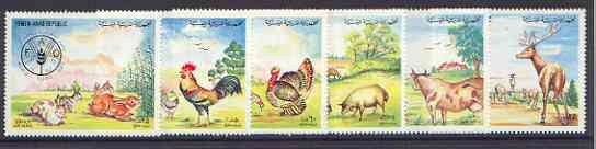 Yemen - Republic 1982 World Food Day set of 6 unmounted mint, SG 667-72, stamps on , stamps on  stamps on food, stamps on rabbits, stamps on sheep, stamps on ovine, stamps on bovine, stamps on deer, stamps on chickens, stamps on birds, stamps on animals
