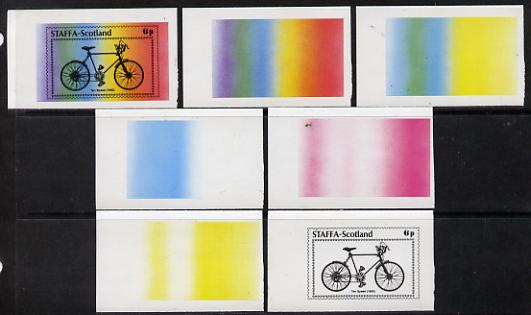 Staffa 1977 Bicycles 6p (Ten Speed 1960) set of 7 imperf progressive colour proofs comprising the 4 individual colours plus 2, 3 and all 4-colour composites unmounted mint, stamps on bicycles, stamps on transport