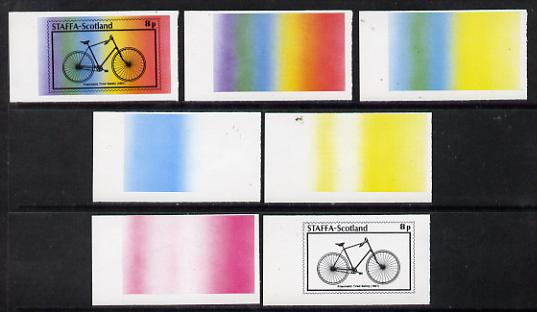 Staffa 1977 Bicycles 8p (Pneumatic Tired Safety 1891) set of 7 imperf progressive colour proofs comprising the 4 individual colours plus 2, 3 and all 4-colour composites unmounted mint, stamps on bicycles, stamps on transport