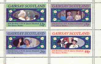 Gairsay 1985 Life & Times of HM Queen Mother perf sheetlet of 4 with vertical perforations doubled unmounted mint, stamps on , stamps on  stamps on royalty, stamps on queen mother