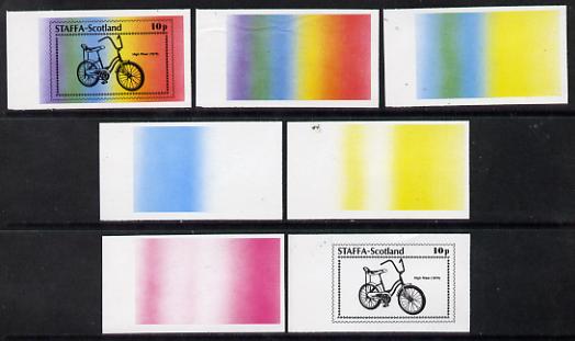 Staffa 1977 Bicycles 10p (High Riser 1970) set of 7 imperf progressive colour proofs comprising the 4 individual colours plus 2, 3 and all 4-colour composites unmounted mint, stamps on bicycles, stamps on transport