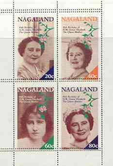 Nagaland 1985 Life & Times of HM Queen Mother perf sheetlet of 4 with horizontal perforations doubled unmounted mint, stamps on royalty, stamps on queen mother