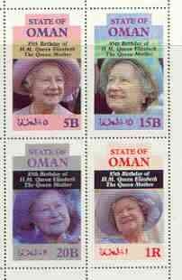 Oman 1985 Life & Times of HM Queen Mother perf sheetlet of 4 values (5B, 15B, 25B & 1R) unmounted mint, stamps on royalty, stamps on queen mother