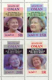 Oman 1985 Life & Times of HM Queen Mother perf sheetlet of 4 values (5B, 15B, 25B & 1R) unmounted mint, stamps on , stamps on  stamps on royalty, stamps on  stamps on queen mother