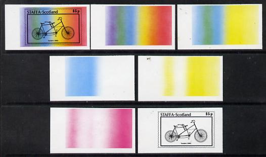 Staffa 1977 Bicycles 15p (Tandem 1890) set of 7 imperf progressive colour proofs comprising the 4 individual colours plus 2, 3 and all 4-colour composites unmounted mint, stamps on , stamps on  stamps on bicycles    transport