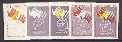 Vietnam 1983 World Peace Conference 5d set of 5 imperf progressive proofs comprising individual colour plus 3 x 2-colour and all 3-colour composites, as SG 655, stamps on , stamps on  stamps on peace, stamps on dove, stamps on birds