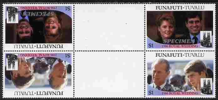 Tuvalu - Funafuti 1986 Royal Wedding (Andrew & Fergie) $1 perf tete-beche inter-paneau gutter block of 4 (2 se-tenant pairs) overprinted SPECIMEN in silver (Italic caps 26.5 x 3 mm) unmounted mint from Printer's uncut proof sheet, stamps on , stamps on  stamps on royalty, stamps on  stamps on andrew, stamps on  stamps on fergie, stamps on  stamps on 