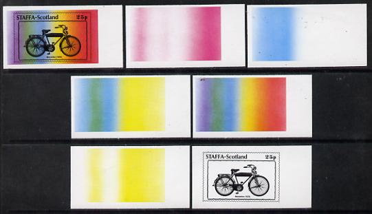 Staffa 1977 Bicycles 25p (Motobike 1935) set of 7 imperf progressive colour proofs comprising the 4 individual colours plus 2, 3 and all 4-colour composites unmounted mint, stamps on , stamps on  stamps on bicycles, stamps on  stamps on transport, stamps on  stamps on motorbikes