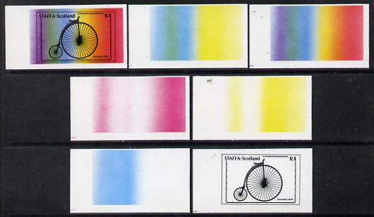 Staffa 1977 Bicycles £1 (Columbia 1878) set of 7 imperf progressive colour proofs comprising the 4 individual colours plus 2, 3 and all 4-colour composites unmounted mint, stamps on bicycles, stamps on transport