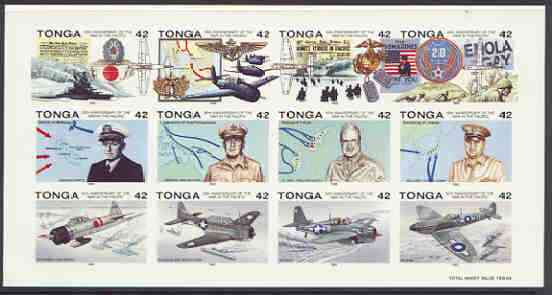 Tonga 1992 50th Anniversary of Outbreak of Pacific War imperf sheet in issued colours on thin card, from a limited printing for publicity purposes, (as SG 1165a), stamps on , stamps on  stamps on cinderellas, stamps on  stamps on cinderella, stamps on  stamps on ships, stamps on  stamps on ww2, stamps on  stamps on aviation, stamps on  stamps on militaria, stamps on  stamps on maps, stamps on  stamps on  ww2 , stamps on  stamps on 