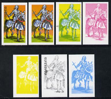 Nagaland 1977 Military Uniforms 2c (English Knight 15th Century) set of 7 imperf progressive colour proofs comprising the 4 individual colours plus 2, 3 and all 4-colour composites unmounted mint, stamps on , stamps on  stamps on militaria, stamps on  stamps on uniforms