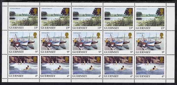 Guernsey 1984-91 Booklet pane of 15 (5 x 4p, 5x 9p, 5 x 13p) from Bailiwick Views def set unmounted mint, SG 299a, stamps on tourism