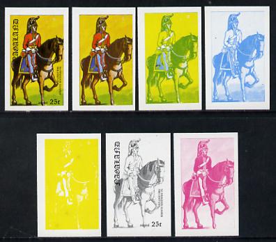 Nagaland 1977 Military Uniforms 25c (1st Dragoon Guards 19th Century) set of 7 imperf progressive colour proofs comprising the 4 individual colours plus 2, 3 and all 4-colour composites unmounted mint, stamps on , stamps on  stamps on militaria, stamps on  stamps on uniforms
