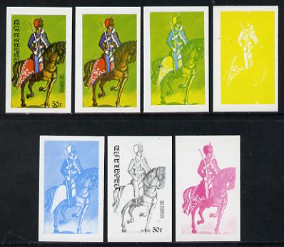 Nagaland 1977 Military Uniforms 50c (10th Hussars 19th Century) set of 7 imperf progressive colour proofs comprising the 4 individual colours plus 2, 3 and all 4-colour composites unmounted mint, stamps on , stamps on  stamps on militaria, stamps on  stamps on uniforms