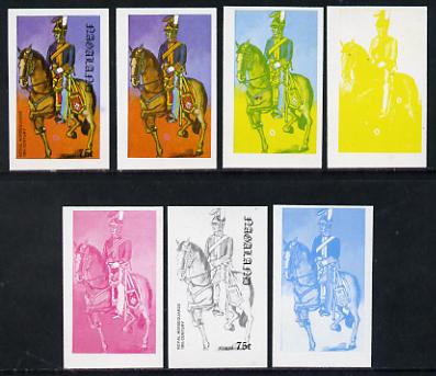 Nagaland 1977 Military Uniforms 75c (Royal Horseguards 19th Century) set of 7 imperf progressive colour proofs comprising the 4 individual colours plus 2, 3 and all 4-colour composites unmounted mint, stamps on , stamps on  stamps on militaria, stamps on  stamps on uniforms, stamps on  stamps on horses