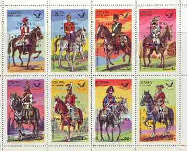 Staffa 1979 USA Bicentenary (Military Uniforms - On Horseback) perf sheetlet of 8 values opt'd Apollo 11 - 10th Anniversary in black unmounted mint, stamps on , stamps on  stamps on militaria, stamps on americana, stamps on horses, stamps on space, stamps on apollo, stamps on  stamps on uniforms