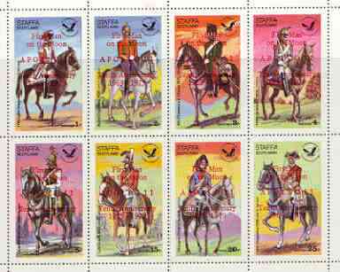 Staffa 1979 USA Bicentenary (Military Uniforms - On Horseback) perf sheetlet of 8 values opt'd Apollo 11 - 10th Anniversary in red unmounted mint, stamps on , stamps on  stamps on militaria, stamps on americana, stamps on horses, stamps on space, stamps on apollo, stamps on  stamps on uniforms