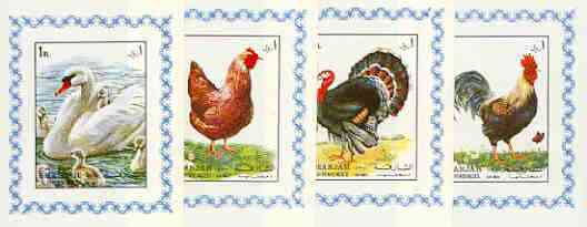 Sharjah 1972 Birds #4 set of 4 individual imperf deluxe sheetlets unmounted mint, as Mi 1190-93, stamps on birds, stamps on swans, stamps on hens, stamps on turkey