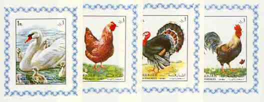 Sharjah 1972 Birds #4 set of 4 individual imperf deluxe sheetlets unmounted mint, as Mi 1190-93, stamps on , stamps on  stamps on birds, stamps on  stamps on swans, stamps on  stamps on hens, stamps on  stamps on turkey