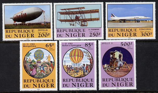 Niger Republic 1983 Manned Flight set of 6 unmounted mint, SG 926-31, stamps on aviation, stamps on balloons, stamps on concorde, stamps on space, stamps on airships, stamps on zeppelins