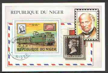 Niger Republic 1979 Rowland Hill (Electric Loco) Perf m/sheet, fine cto used SG MS 768, stamps on postal, stamps on rowland hill, stamps on stamp on stamp, stamps on railways  , stamps on stamponstamp