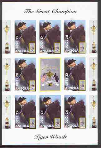 Angola 2000 Tiger Woods (The Great Champion) imperf sheetlet containing 8 values plus label for Ryder Cup, unmounted mint, stamps on , stamps on  stamps on sport, stamps on golf