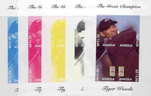 Angola 2000 Tiger Woods (The Great Champion) sheetlet containing 4 values (single image) the set of 5 imperf progressive proofs comprising various colour combinations incl complete design unmounted mint, stamps on , stamps on  stamps on sport, stamps on golf