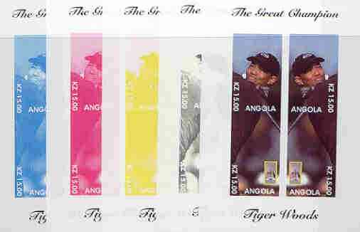 Angola 2000 Tiger Woods (The Great Champion) sheetlet containing 4 values (mirror image) the set of 5 imperf progressive proofs comprising various colour combinations incl complete design unmounted mint, stamps on , stamps on  stamps on sport, stamps on golf