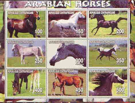 Central African Republic 2000 Arabian Horses perf sheetlet containing complete set of 9 values unmounted mint, stamps on horses, stamps on animals