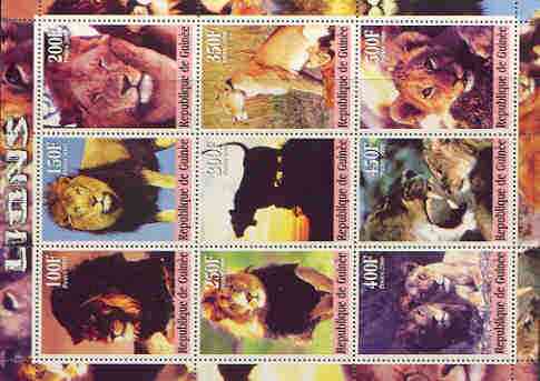 Guinea - Conakry 2000 Lions perf sheetlet containing complete set of 9 values unmounted mint, stamps on animals, stamps on cats, stamps on lions