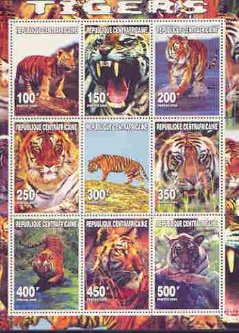 Central African Republic 2000 Tigers perf sheetlet containing complete set of 9 values unmounted mint, stamps on animals, stamps on cats, stamps on tigers