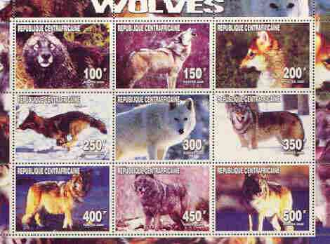 Central African Republic 2000 Wolves perf sheetlet containing complete set of 9 values unmounted mint, stamps on , stamps on  stamps on animals, stamps on  stamps on dogs, stamps on  stamps on wolves